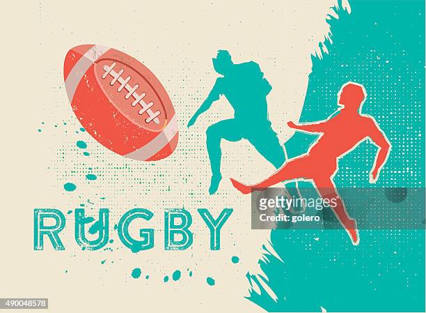 retro-vintage-rugby-spieler, die bekämpfung nach dem ball - rugbyball stock-grafiken, -clipart, -cartoons und -symbole