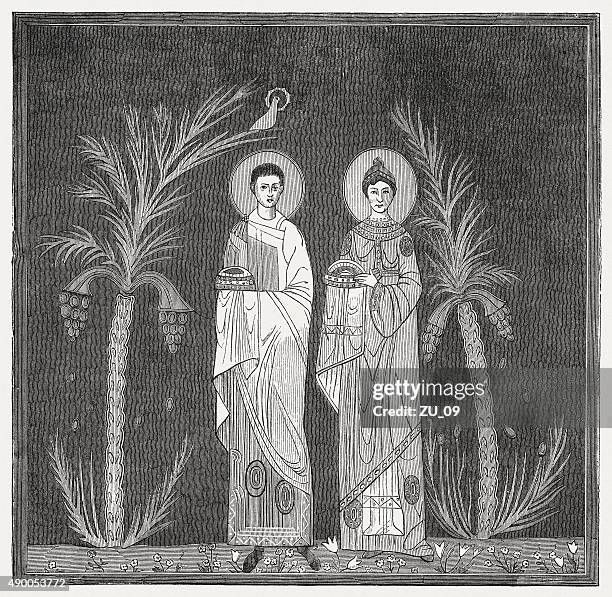 ilustraciones, imágenes clip art, dibujos animados e iconos de stock de valeriana saints y cecilia (mosaico, noveno siglo), publicado en 1878 - mosaico fotos