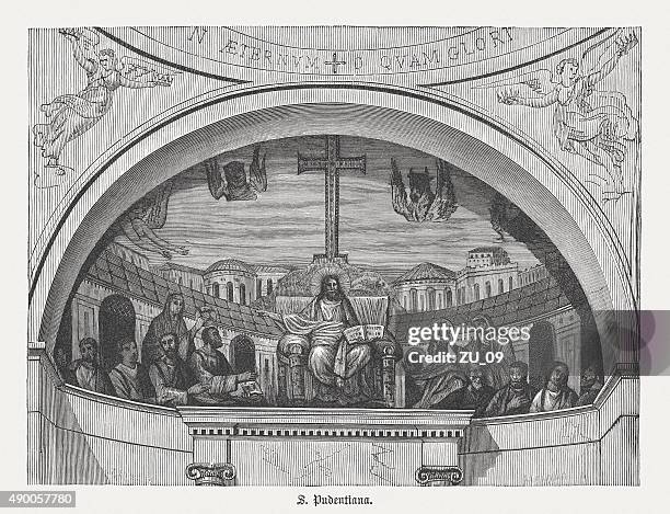 ilustraciones, imágenes clip art, dibujos animados e iconos de stock de mosaico en santa pudenziana en roma, publicado en 1878 - techo abovedado