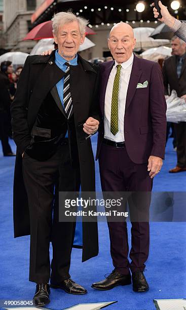 Sir Ian McKellen and Patrick Stewart attend the UK Premiere of "X-Men: Days of Future Past" held at the Odeon Leicester Square on May 12, 2014 in...