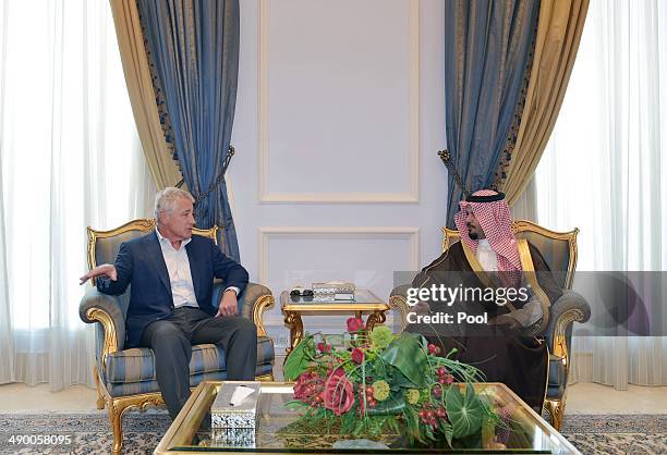 Defense Secretary Chuck Hagel meets with Saudi Deputy Defense Minister Salman bin Sultan in a terminal of King Abdulaziz International Airport on May...