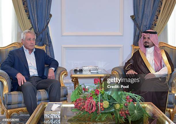Defense Secretary Chuck Hagel meets with Saudi Deputy Defense Minister Salman bin Sultan in a terminal of King Abdulaziz International Airport on May...