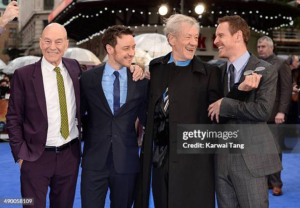 Actors Patrick Stewart, James McAvoy, Sir Ian McKellen and Michael Fassbender attend the UK Premiere of "X-Men: Days of Future Past" held at the...