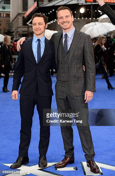 James McAvoy and Michael Fassbender attend the UK Premiere of "X-Men: Days of Future Past" held at the Odeon Leicester Square on May 12, 2014 in...