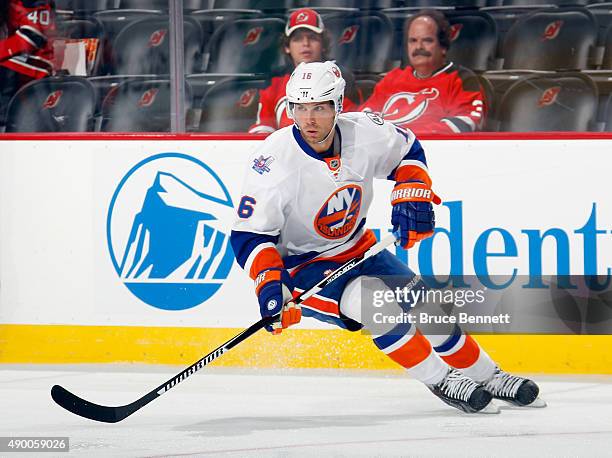 Steve Bernier of the New York Islanders skates against the New Jersey Devils at the Prudential Center on September 25, 2015 in Newark, New Jersey....