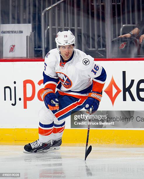 Steve Bernier of the New York Islanders skates against the New Jersey Devils at the Prudential Center on September 25, 2015 in Newark, New Jersey....
