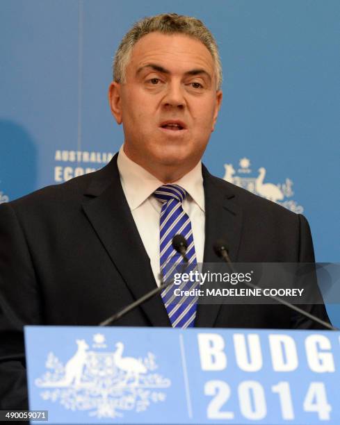 Australia's treasurer Joe Hockey speaks at a press conference ahead of delivering his budget speech to parliament in Canberra on May 13, 2014. Hockey...