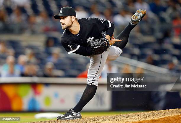 David Robertson of the Chicago White Sox pitches in the ninth inning against the New York Yankees at Yankee Stadium on September 25, 2015 in the...