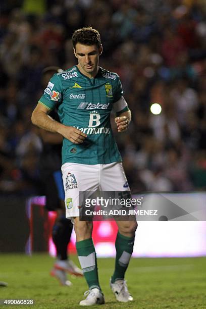 Mauro Boselli of Leon reacts after fail a penal during the Mexican Apertura 2015 tournament football match against Queretaro, at the La Corregidora...