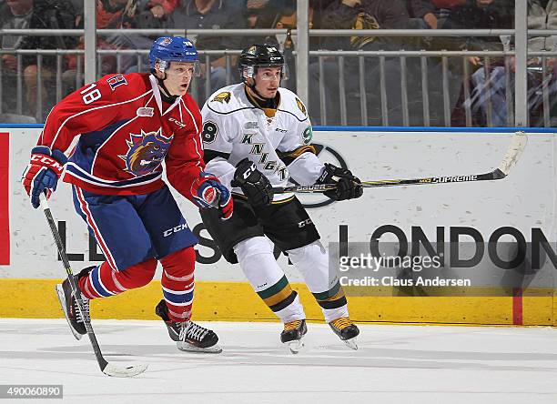 Victor Mete of the London Knights skates against Matthew Strome of the Hamilton Bulldogs in an OHL game at Budweiser Gardens on September 25, 2015 in...