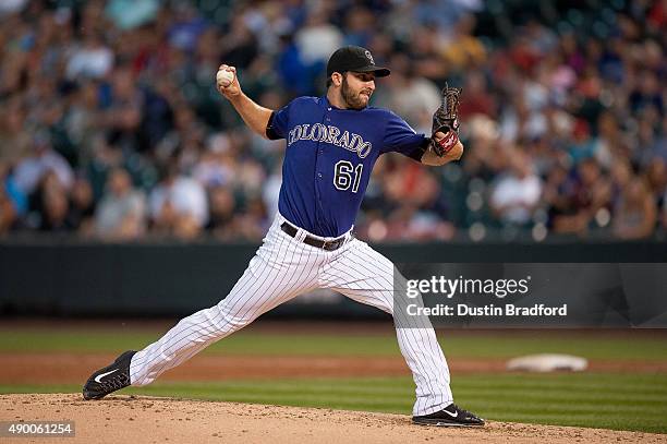 David Hale of the Colorado Rockies pitches against the Los Angeles Dodgers during a game at Coors Field on September 25, 2015 in Denver, Colorado.