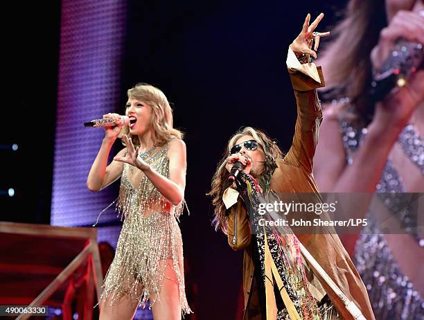 Singer/songwriters Taylor Swift and Steven Tyler perform onstage during The 1989 World Tour live in Nashville at Bridgestone Arena on September 25,...