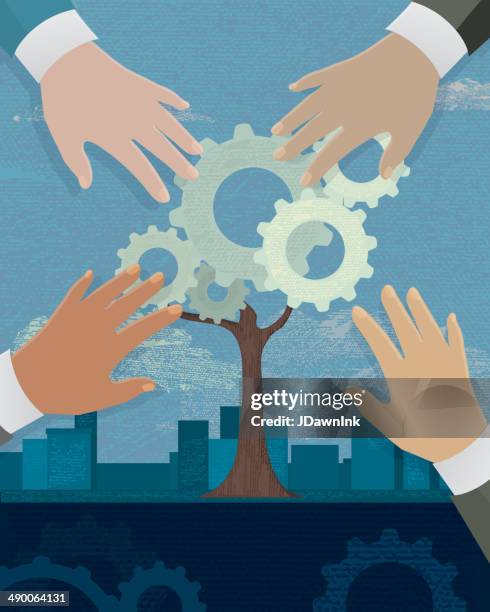 various hands with gear and gear tree on business background - trees looking up stock illustrations