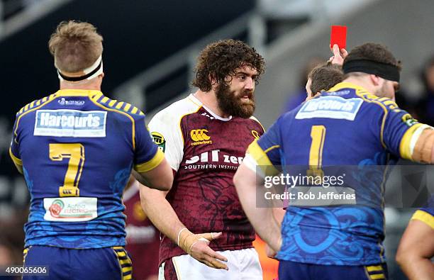 Jamie Mackintosh of Southland is sent off by referee Jamie Nutbrown during the round seven ITM Cup match between Otago and Southland at Forsyth Barr...