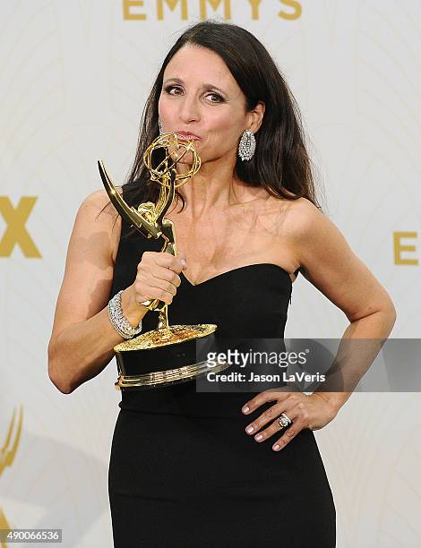 Actress Julia Louis-Dreyfus poses in the press room at the 67th annual Primetime Emmy Awards at Microsoft Theater on September 20, 2015 in Los...