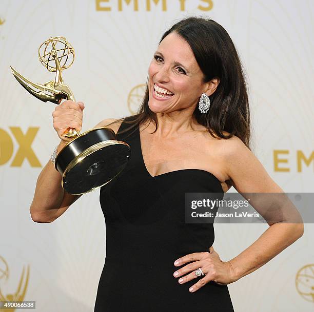 Actress Julia Louis-Dreyfus poses in the press room at the 67th annual Primetime Emmy Awards at Microsoft Theater on September 20, 2015 in Los...