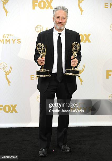 Jon Stewart poses in the press room at the 67th annual Primetime Emmy Awards at Microsoft Theater on September 20, 2015 in Los Angeles, California.