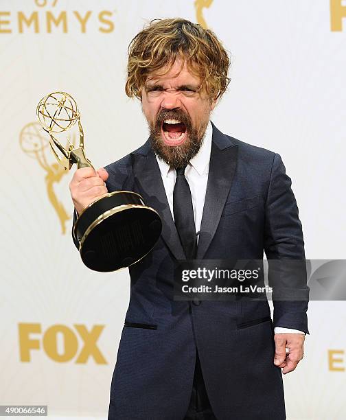 Actor Peter Dinklage poses in the press room at the 67th annual Primetime Emmy Awards at Microsoft Theater on September 20, 2015 in Los Angeles,...