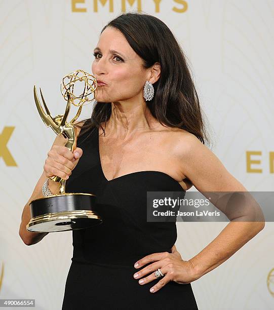 Actress Julia Louis-Dreyfus poses in the press room at the 67th annual Primetime Emmy Awards at Microsoft Theater on September 20, 2015 in Los...