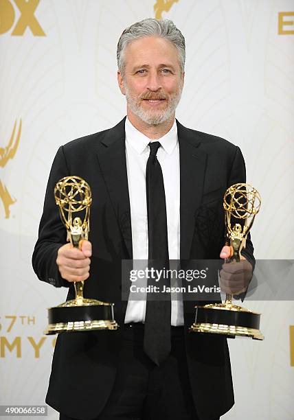 Jon Stewart poses in the press room at the 67th annual Primetime Emmy Awards at Microsoft Theater on September 20, 2015 in Los Angeles, California.