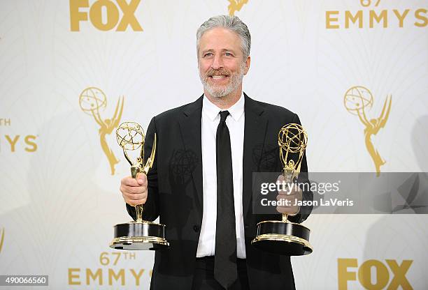 Jon Stewart poses in the press room at the 67th annual Primetime Emmy Awards at Microsoft Theater on September 20, 2015 in Los Angeles, California.