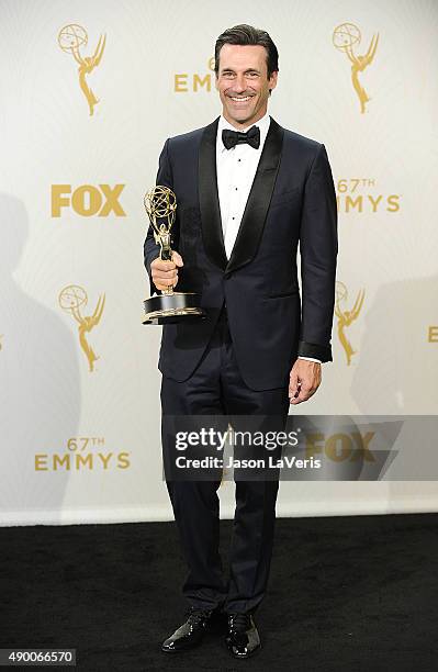 Actor Jon Hamm poses in the press room at the 67th annual Primetime Emmy Awards at Microsoft Theater on September 20, 2015 in Los Angeles, California.