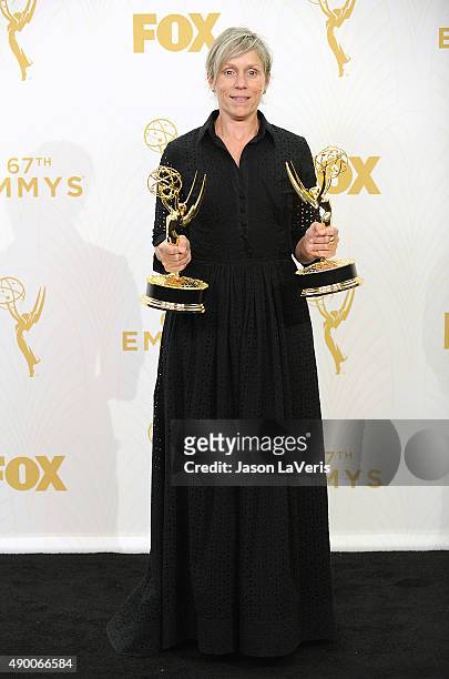Actress Frances McDormand poses in the press room at the 67th annual Primetime Emmy Awards at Microsoft Theater on September 20, 2015 in Los Angeles,...