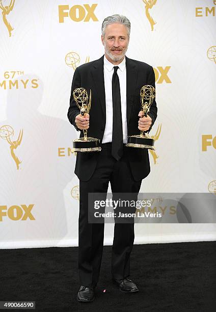 Jon Stewart poses in the press room at the 67th annual Primetime Emmy Awards at Microsoft Theater on September 20, 2015 in Los Angeles, California.