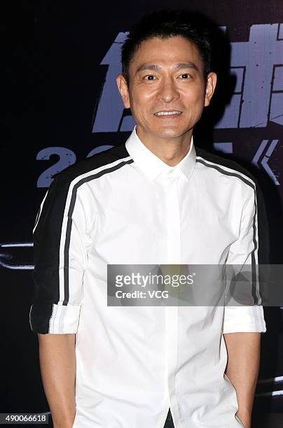 Singer and actor Andy Lau promotes the new film "Saving Mr.Wu" with actor Sun Honglei on September 25, 2015 in Shanghai, China.