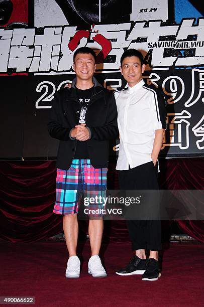 Singer and actor Andy Lau and actor Sun Honglei promote the new film "Saving Mr.Wu" on September 25, 2015 in Shanghai, China.
