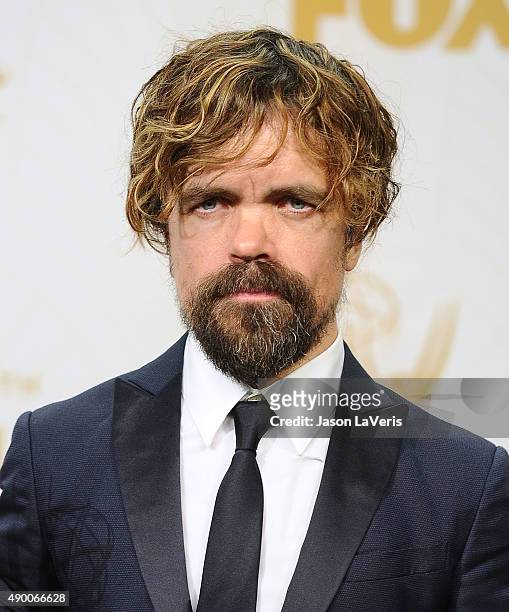 Actor Peter Dinklage poses in the press room at the 67th annual Primetime Emmy Awards at Microsoft Theater on September 20, 2015 in Los Angeles,...