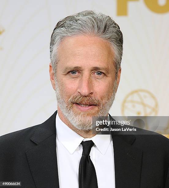 Jon Stewart poses in the press room at the 67th annual Primetime Emmy Awards at Microsoft Theater on September 20, 2015 in Los Angeles, California.