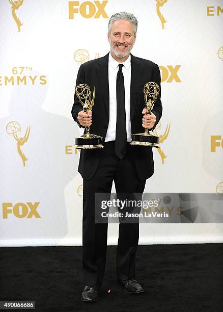 Jon Stewart poses in the press room at the 67th annual Primetime Emmy Awards at Microsoft Theater on September 20, 2015 in Los Angeles, California.