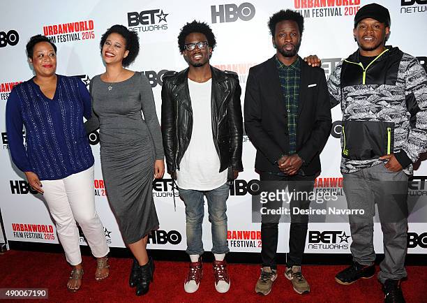 Kelly L. Jackson, Kaili Y. Turner, Ade Otukoya, Justin Rambert and Sway Calloway attend 2015 Urbanworld Film Festival at AMC Empire 25 theater on...