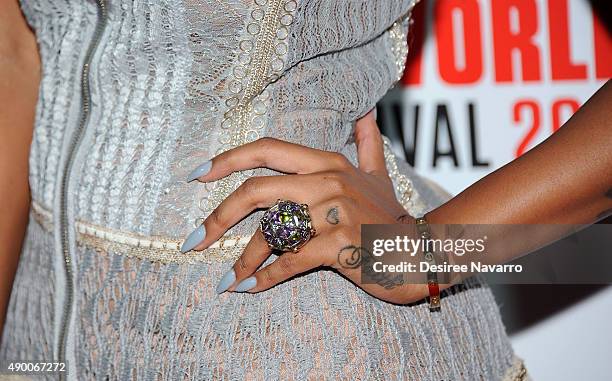 Actress Olivia Longott, jewelry and tattoo detail, attends 2015 Urbanworld Film Festival at AMC Empire 25 theater on September 25, 2015 in New York...