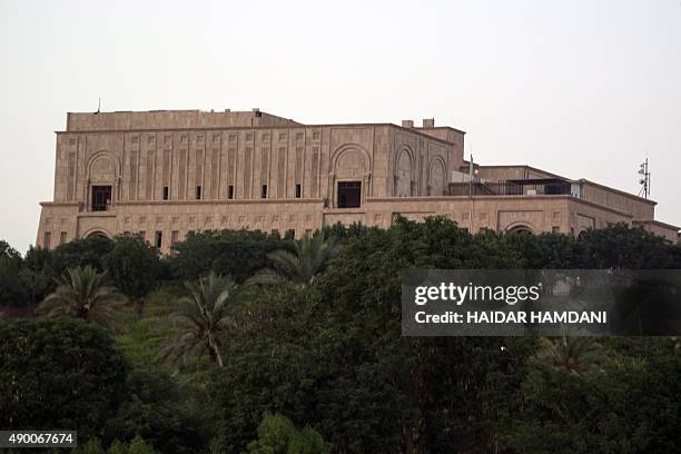 The palace of executed Iraqi president Saddam Hussein overlooks the ancient city of Babylon, some 100 kms south of Baghdad, on September 25, 2015....