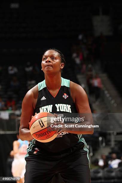 Kara Braxton of the New York Liberty shoots a foul shot against the Atlanta Dream at Philips Arena on May 11, 2014 in Atlanta, Georgia. NOTE TO USER:...