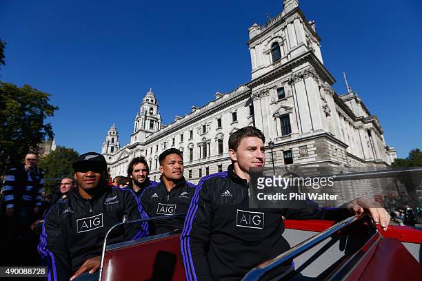 Waisake Naholo, Samuel Whitelock, Keven Mealamu and Beauden Barrett of the All Blacks take in the sights around London on an open top bus tour with...