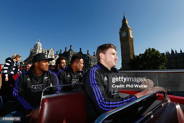 Waisake Naholo, Samuel Whitelock, Keven Mealamu and Beauden Barrett of the All Blacks take in the sights around London on an open top bus tour with...