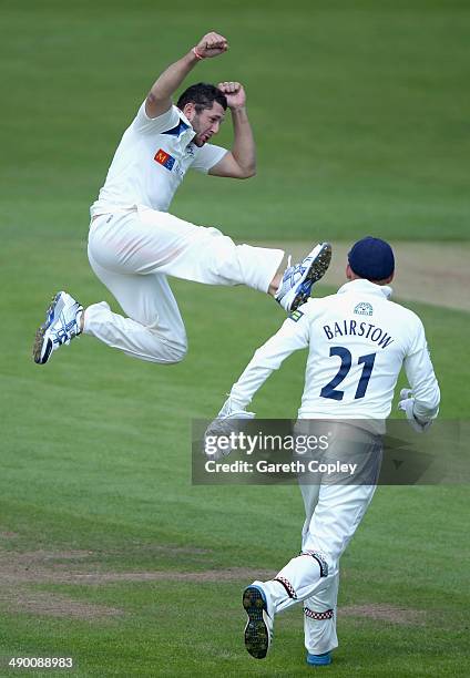Tim Bresnan of Yorkshire celebrates dismissing Ian Bell of Warwickshire during day three of the LV County Championship division One match between...