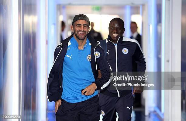 Riyad Mahrez and N'Golo Kante arrives prior to the Barclays Premier League match between Leicester City and Arsenal at the King Power Stadium on...