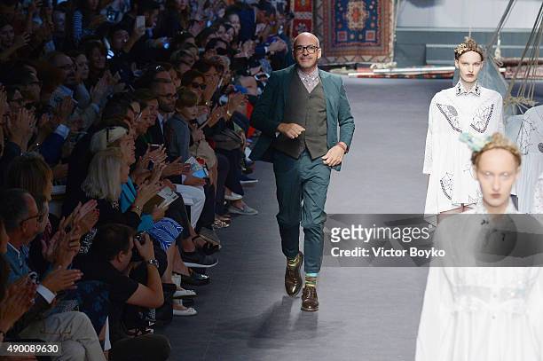 Designer Antonio Marras walks the runway during the Antonio Marras fashion show as part of Milan Fashion Week Spring/Summer 2016 on September 26,...