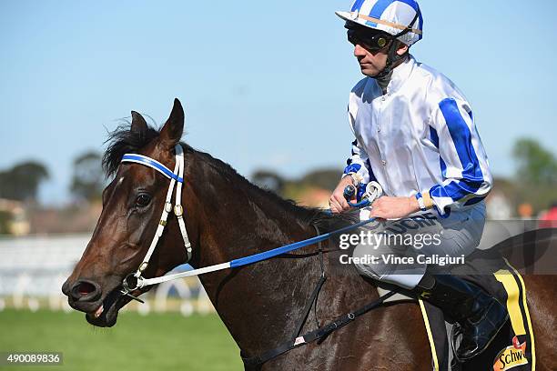 Vlad Duric riding Pasadena Girl after unplaced run in Race 5, Thousand Guineas Prelude during Melbourne Racing at Caulfield Racecourse on September...