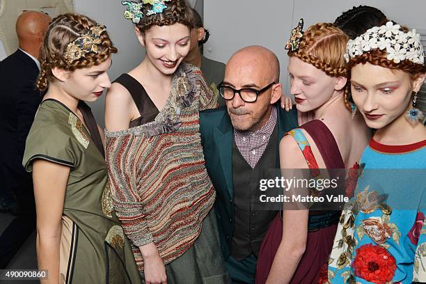 Designer Antonio Marras and models are seen backstage ahead of the Antonio Marras show during Milan Fashion Week Spring/Summer 2016 on September 26,...