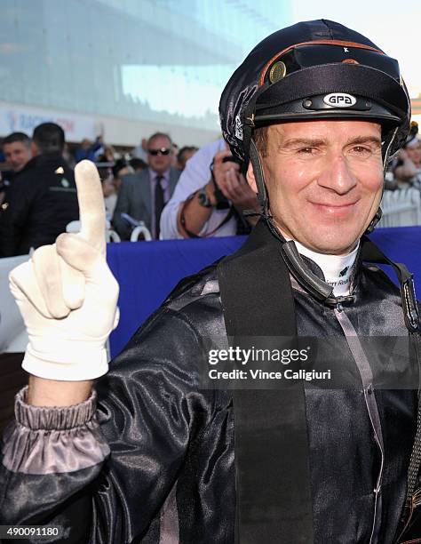 Vlad Duric after riding Mourinho to win Race 7, the Underwood Stakes during Melbourne Racing at Caulfield Racecourse on September 26, 2015 in...