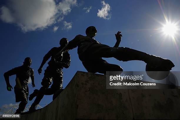 The Sir Stanley Matthews statue is seen outside the stadium prior to the Barclays Premier League match between Stoke City and A.F.C. Bournemouth at...