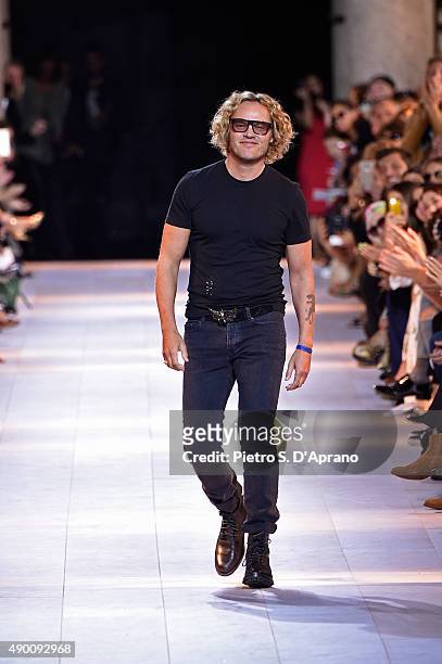 Designer Peter Dundas walks the runway after the Roberto Cavalli fashion show as part of Milan Fashion Week Spring/Summer 2016 on September 26, 2015...