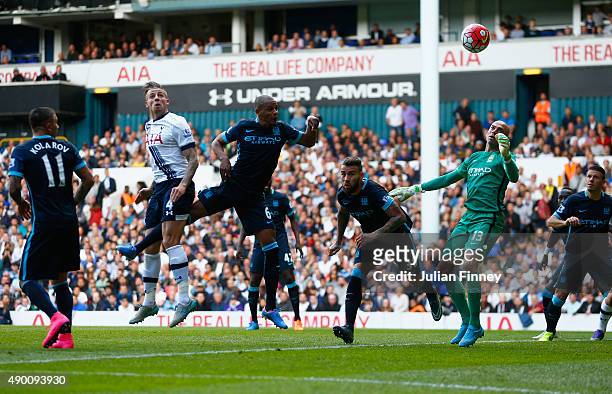Toby Alderweireld of Tottenham Hotspur scores his team's second goal during the Barclays Premier League match between Tottenham Hotspur and...