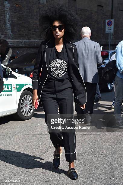 Julia Sarr-Jamois arrives at the Roberto Cavalli show during the Milan Fashion Week Spring/Summer 2016 on September 26, 2015 in Milan, Italy.