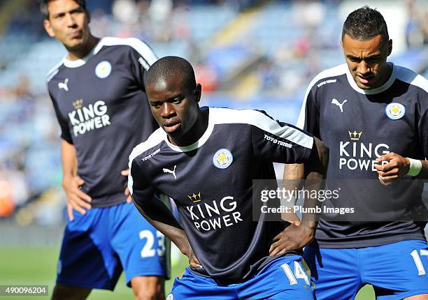 Golo Kante of Leicester City warms up at King Power Stadium ahead of the Barclays Premier League match between Leicester City and Arsenal at the King...